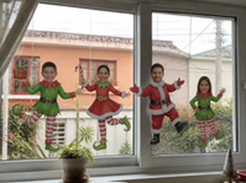 Ventana con duendes de papel con caras de la familia